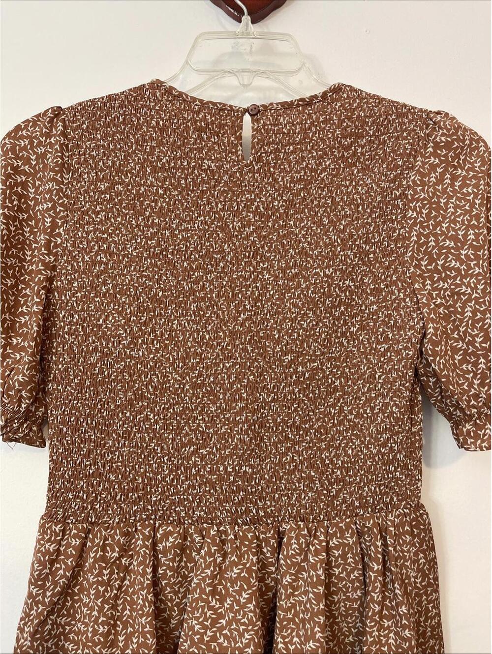 Magnolia Womens Medium Brown Floral Pleated Elastic-Waist Ruffled Blouse! A6846 - Picture 8 of 9